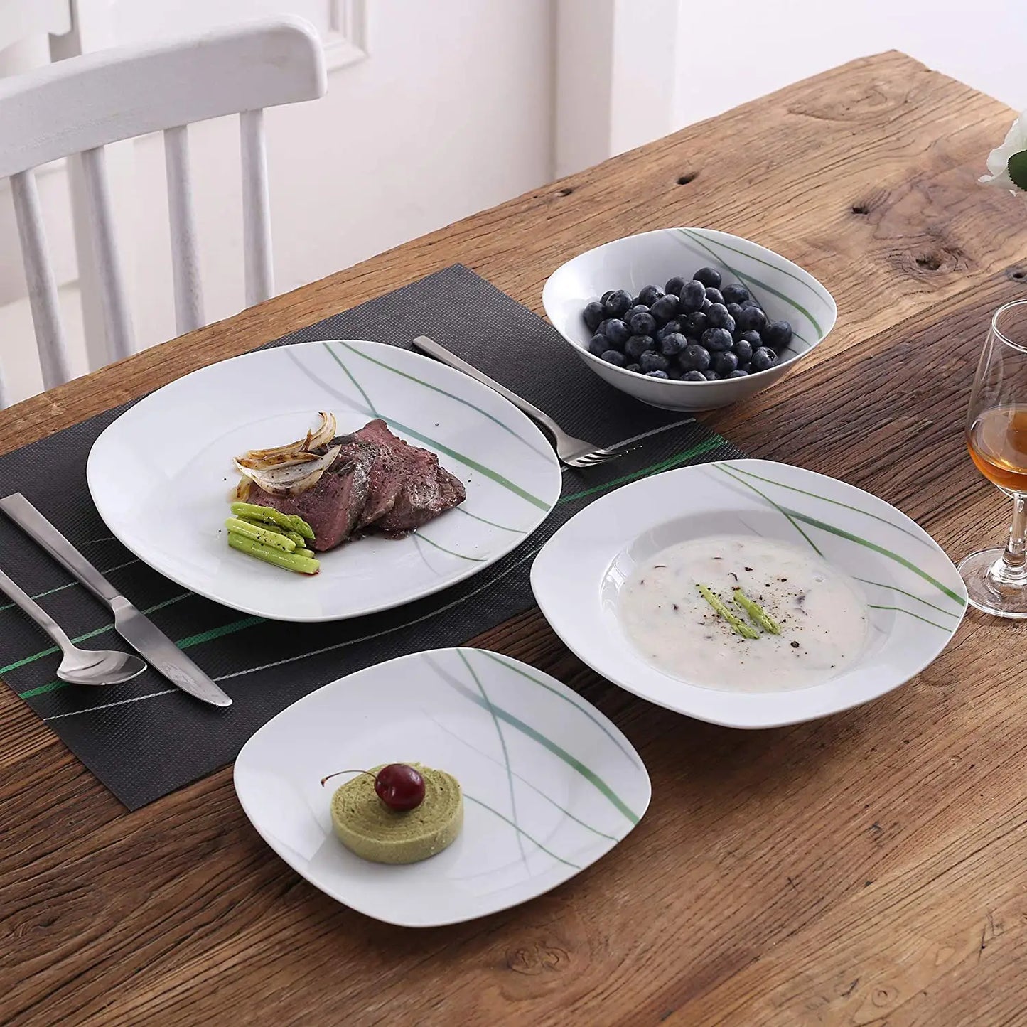 VEWEET AVIVA 24/48-Piece Ivory White Porcelain Ceramic Tableware Dinnerware Set with Soup Plate,Bowl,Dinner Plate,Dessert Plate