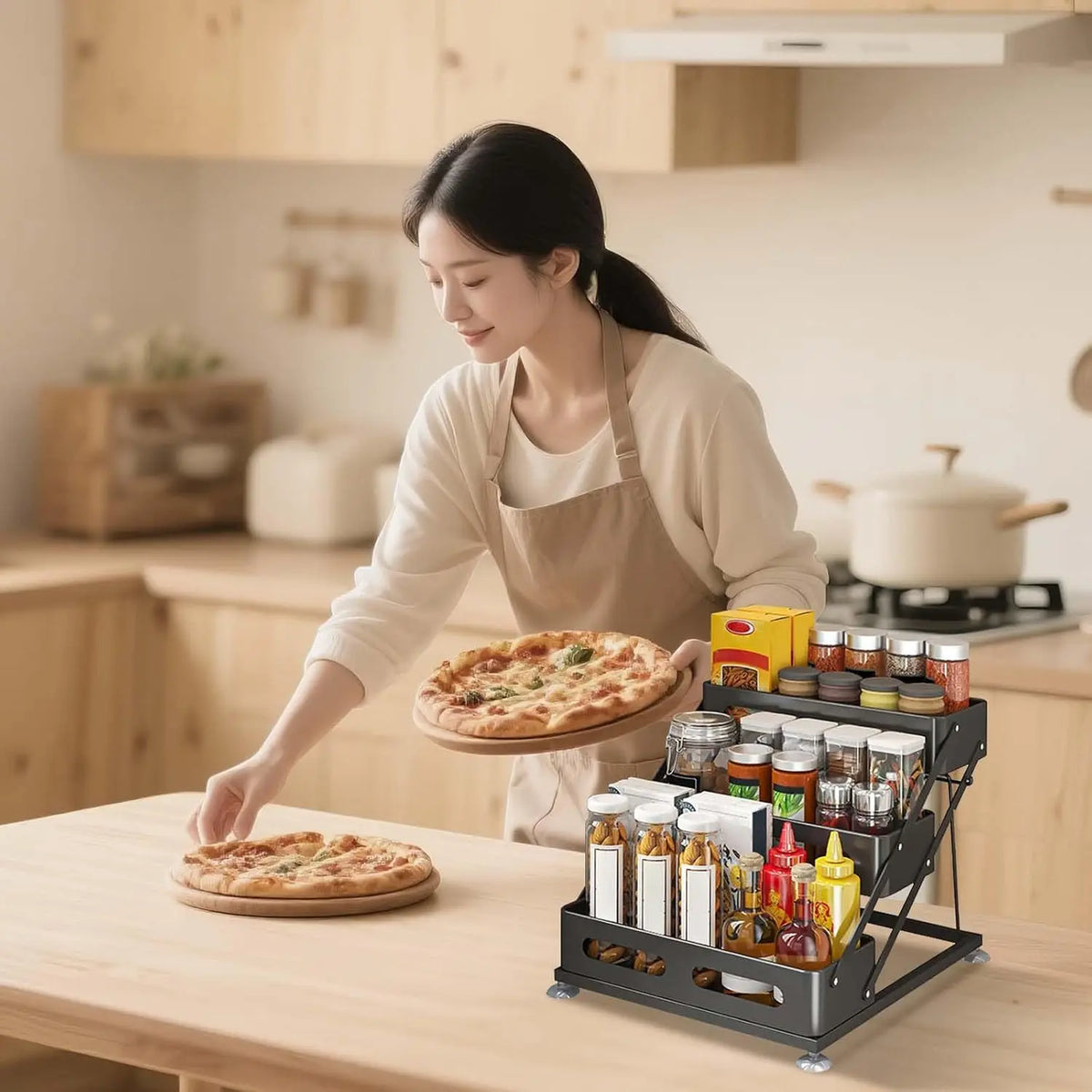 Carbon Steel Tiered Spice Rack with Non-Slip Suction Cups, 3-Tiers Countertop Spice Rack, Adjusted Height 10-10.8Inch, Space-Saving for Kitchen Desktop