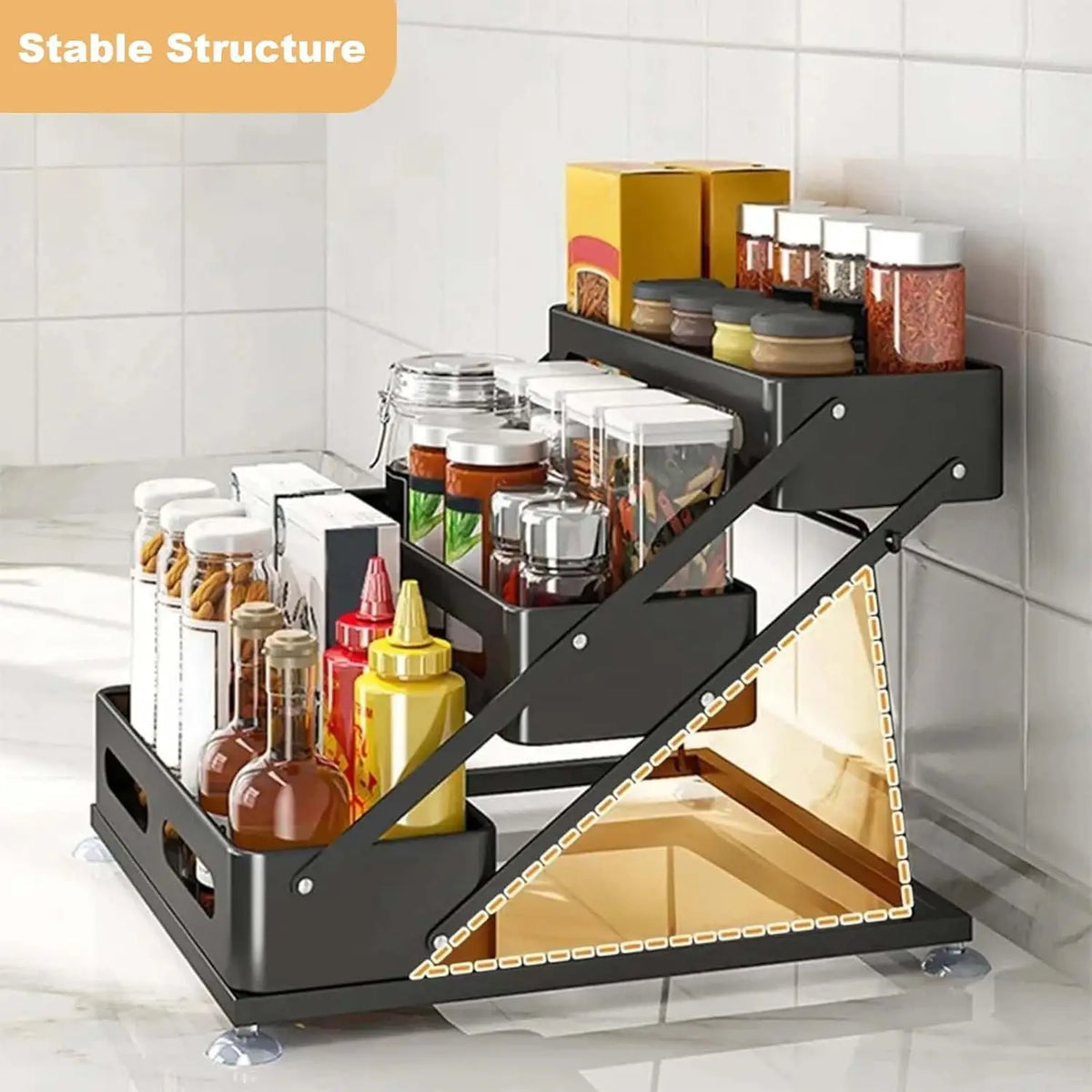 Carbon Steel Tiered Spice Rack with Non-Slip Suction Cups, 3-Tiers Countertop Spice Rack, Adjusted Height 10-10.8Inch, Space-Saving for Kitchen Desktop
