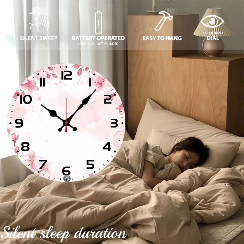 Pink Flower Backdrop Clock - 10inch Wood Veneer Europe and America Style Round Silent Flat Wall Clock - Batteries Not Included -