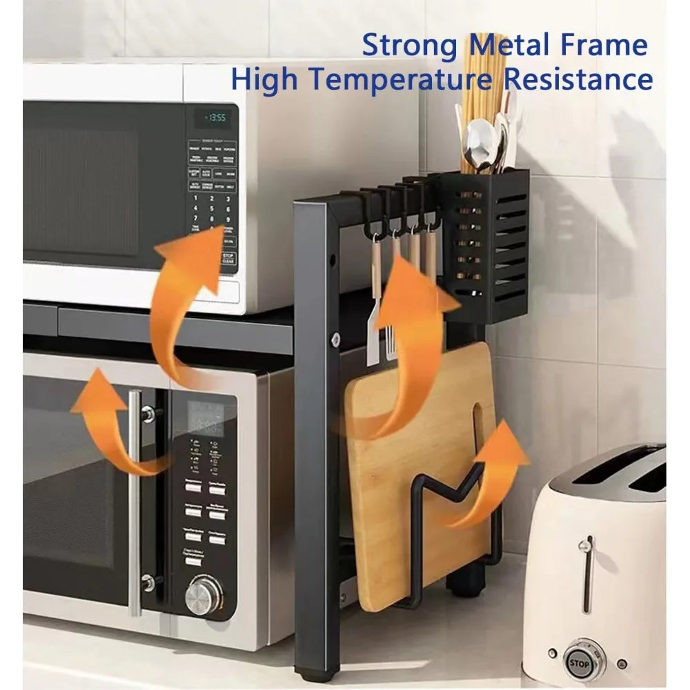 Expandable Microwave Oven Rack Adjustable Length Storage Shelf with Hooks and Holder for Kitchen Counter