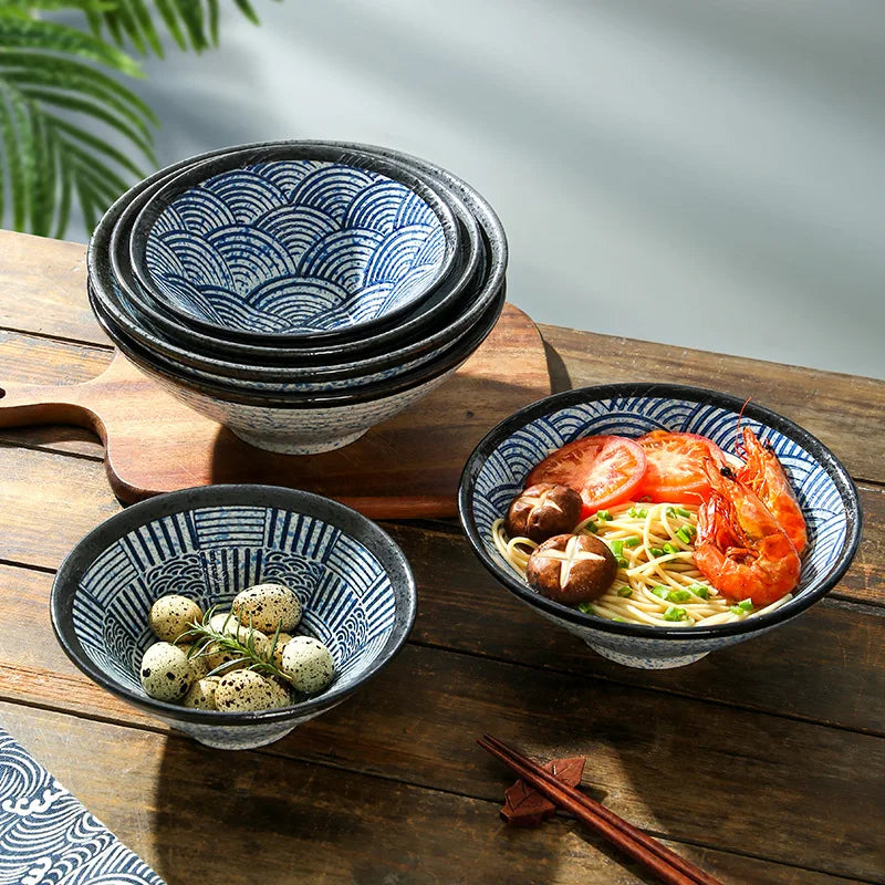 Japanese Ramen Bowl Sea Ripple Ceramic Beef Noodle Soup Bowl