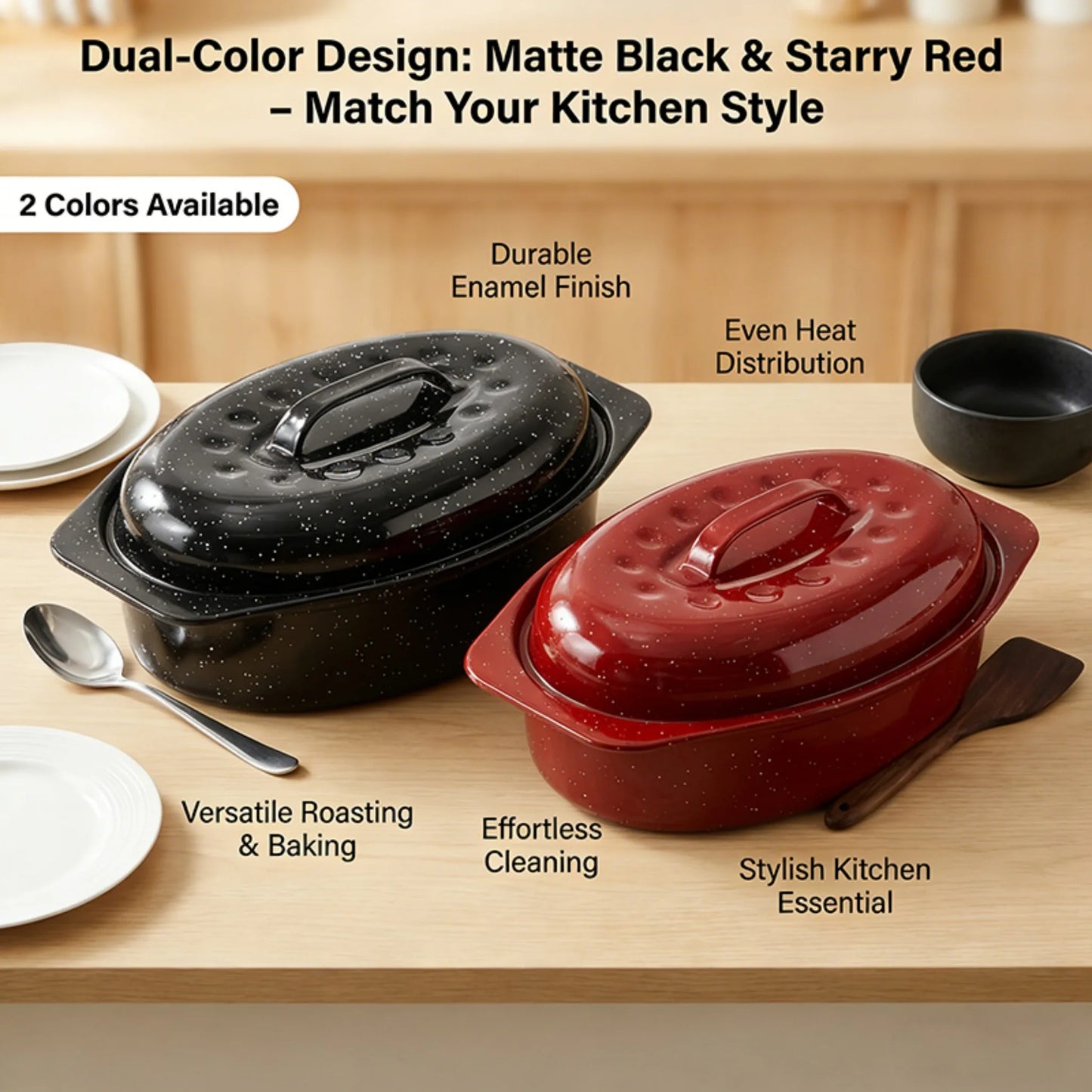 13-Inch Oval Roaster with Lid, Enameled Steel, 7 LB Poultry Capacity, 932°F Heat Resistant, Dishwasher Safe