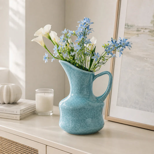 Ceramic Vase 16x23cm Blue Pitcher Flower Arrangement Pot Modern Tabletop Living Room Entryway Home Decor Ornament Centerpiece