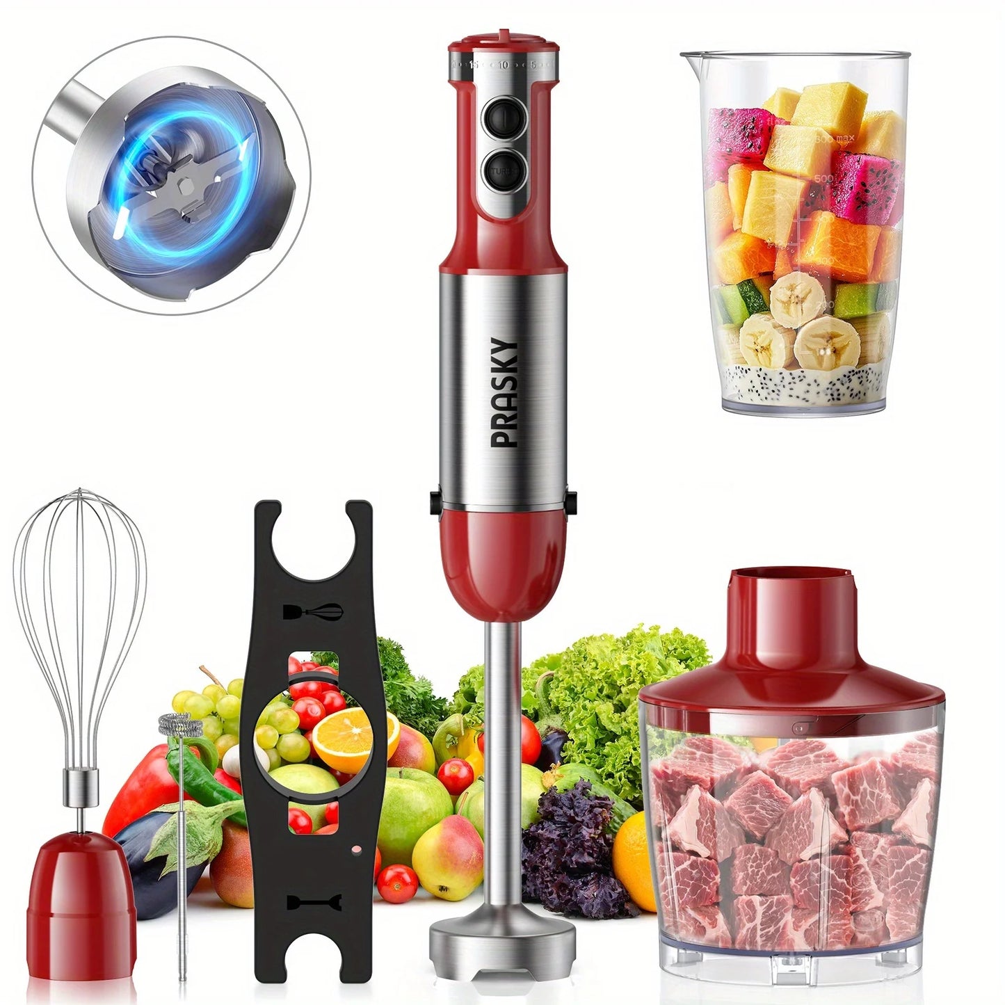 PRASKY 5-in-1 Handheld Immersion Blender with High Power Motor & Multi-Attachment System - Powerful Motor, Whisk, Meat Chopper