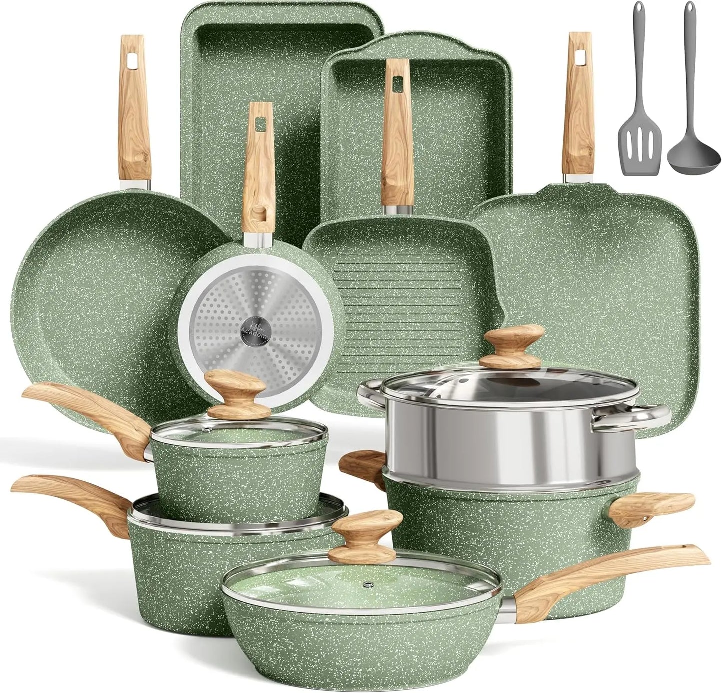 17 Piece Pots and Pans Set Non Stick, Kitchen Cookware Sets with Nonstick Coating, Suitable for Induction Cooktops, Green