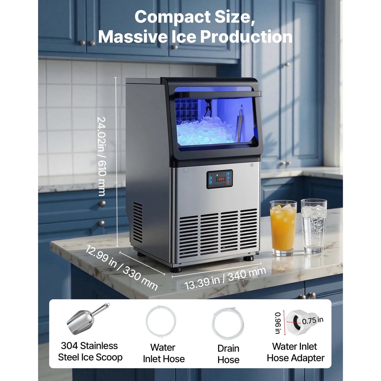 SucceBuy 80lbs-440lbs/24H Commercial Ice Maker Machine Stainless Steel Ice Maker with LED Display & Self-Cleaning for Bar Home