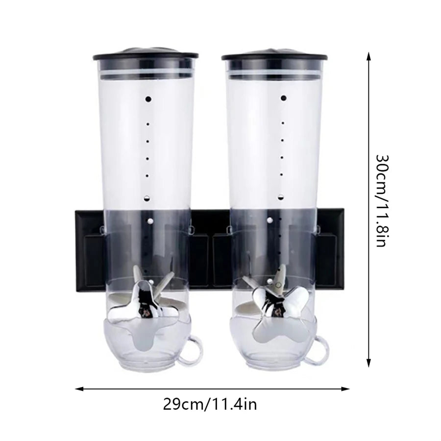 Wall-mounted 2 Barrel Cereal Dispenser, Food Grain Storage Tanks, Cereal Distributor with 2 Cups, Coffee Beans Rice Container