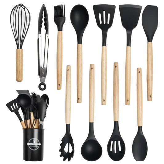 KOOMADE 12Pcs Silicone Cooking Utensils Set Natural Wood Handle Heat Resistant Non-Stick Kitchen Spatula Spoon Whisk Tongs Baking Tools With Storage Holder Kitchen Cookware Accessories