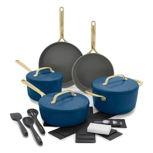 GP5 14 Piece Cookware Pots and Pans Set, Hard Anodized Healthy Ceramic Nonstick PFASFree, Champagne Handles, Heavy Gauge, StayF