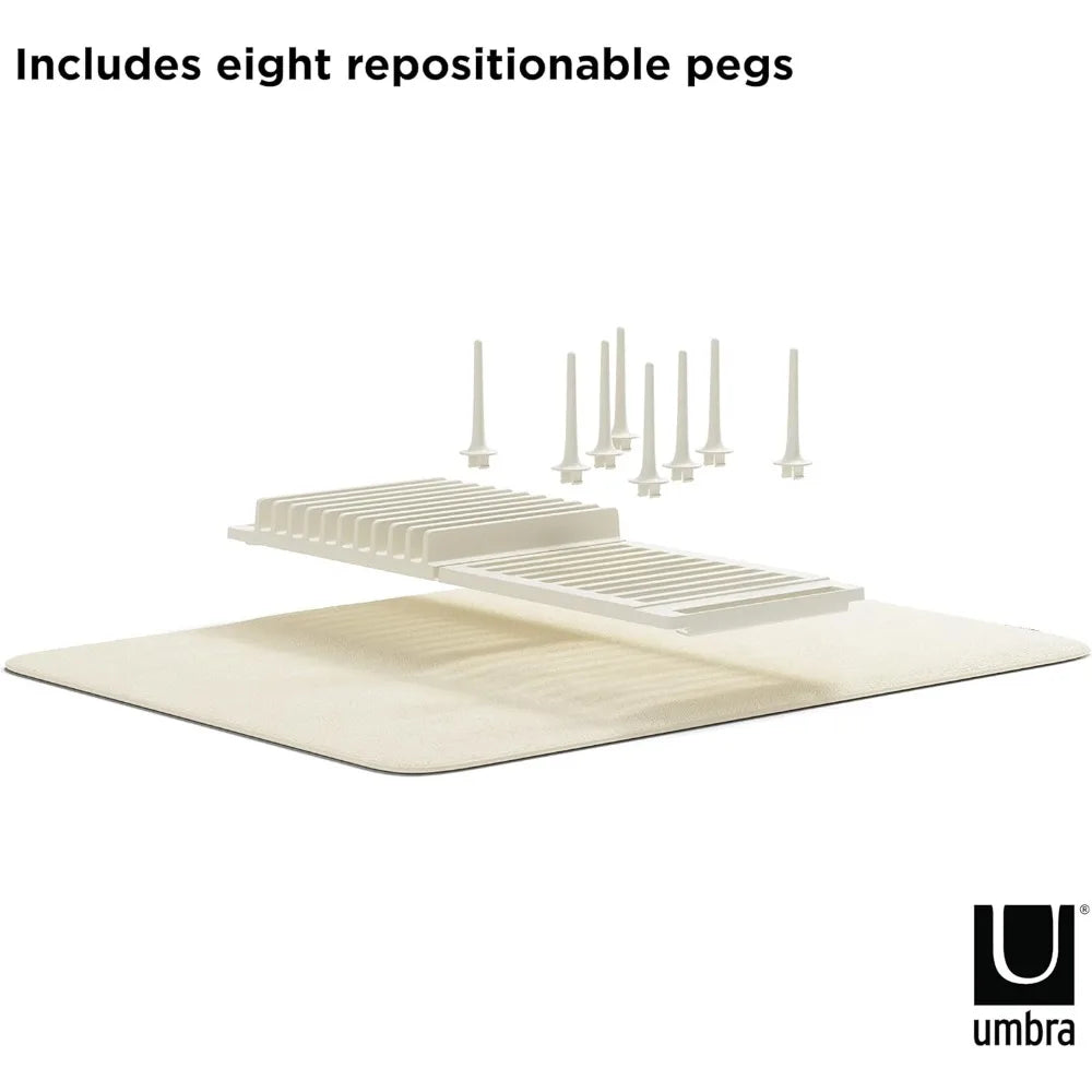 Foldable Dish Rack with Adjustable Pegs and Drying Mat Compact Storage Linen