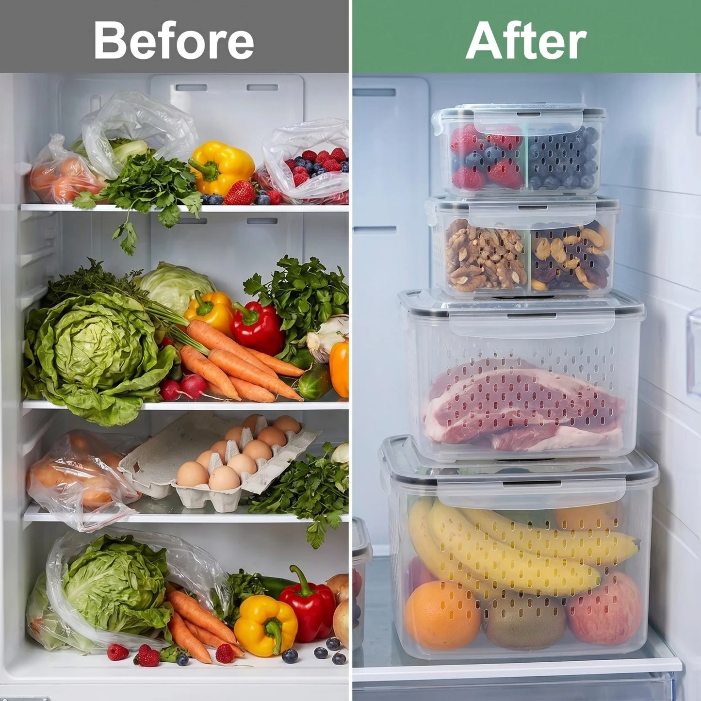4 Pack Double Layer Fridge Storage Organizer Box PP Leakproof Food Container with Drain Basket Portable Handle Divider Clear Vegetable Fruit Fresh Keeper Refrigerator Organizer Bins