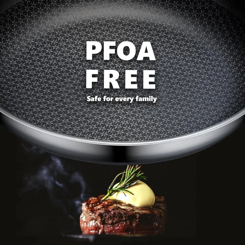 Non Stick Frying Pans Set with 2 Lid, Hybrid Skillet Set Nonstick (8+10+12inch), Pans for cooking