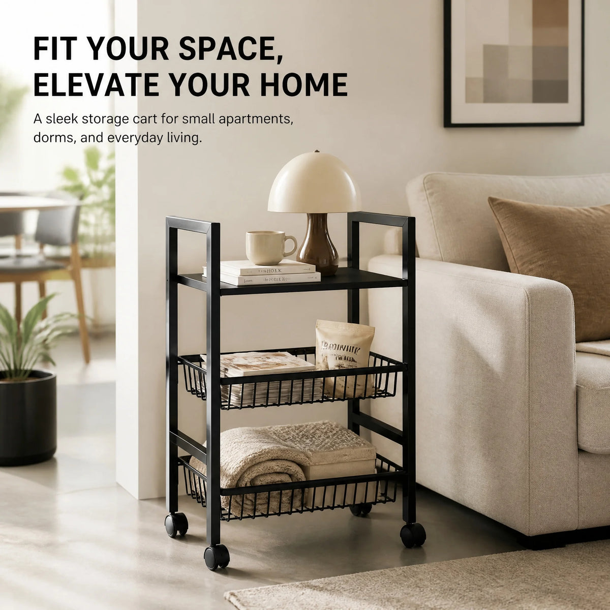 3-Tier Rolling Storage Cart with Flat Top Shelf & 2 Breathable Wire Baskets – Mobile Organizer for Kitchen Bathroom Laundry – Black Metal Utility Trolley with Wheels for Easy Movement