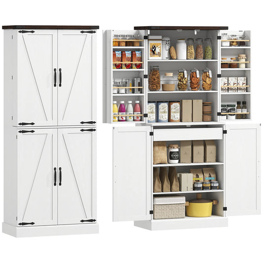HOMCOM 72" Tall Kitchen Pantry Cabinet, Farmhouse Storage Cabinet with 8 Door Racks and Drawer, Freestanding Food Pantry with Adjustable Shelves and Barn Doors, White