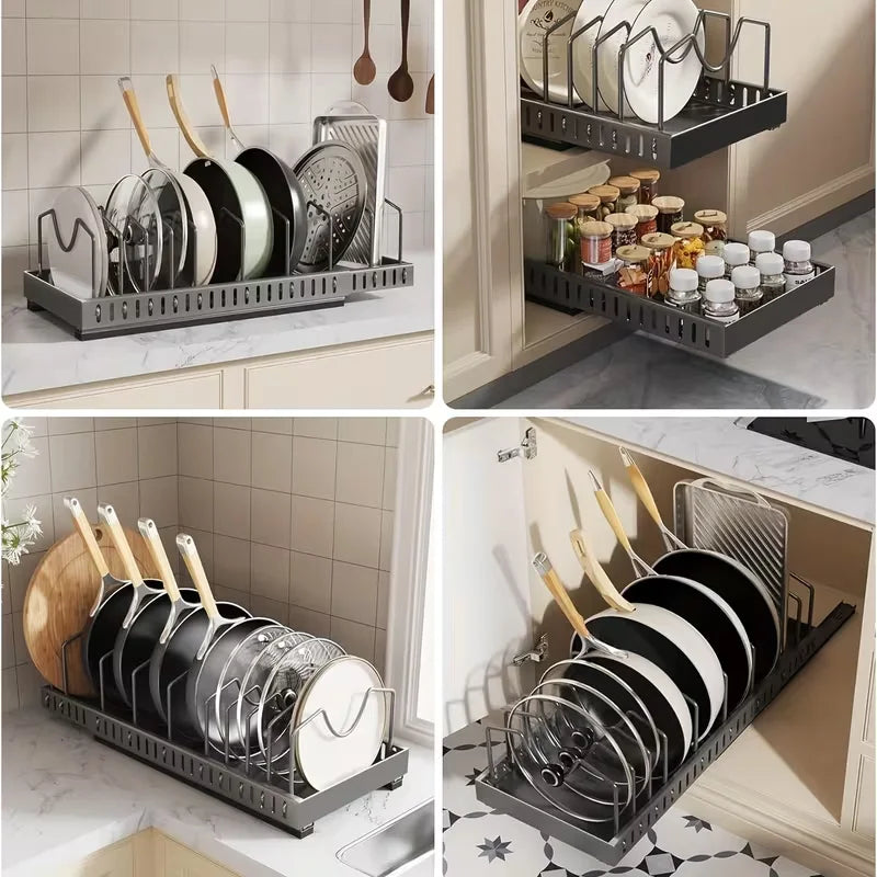 Pull Out Cabinet Organizer With Adjustable Dividers For Pot Lids
