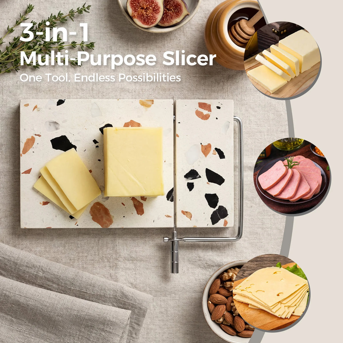 `Cheese Slicer Board, 8.5×7.1 Inch Natural Marble Cheese Cutter with Wire Slicer, Multi-Purpose Food Slicer for Cheese Butter Meat`