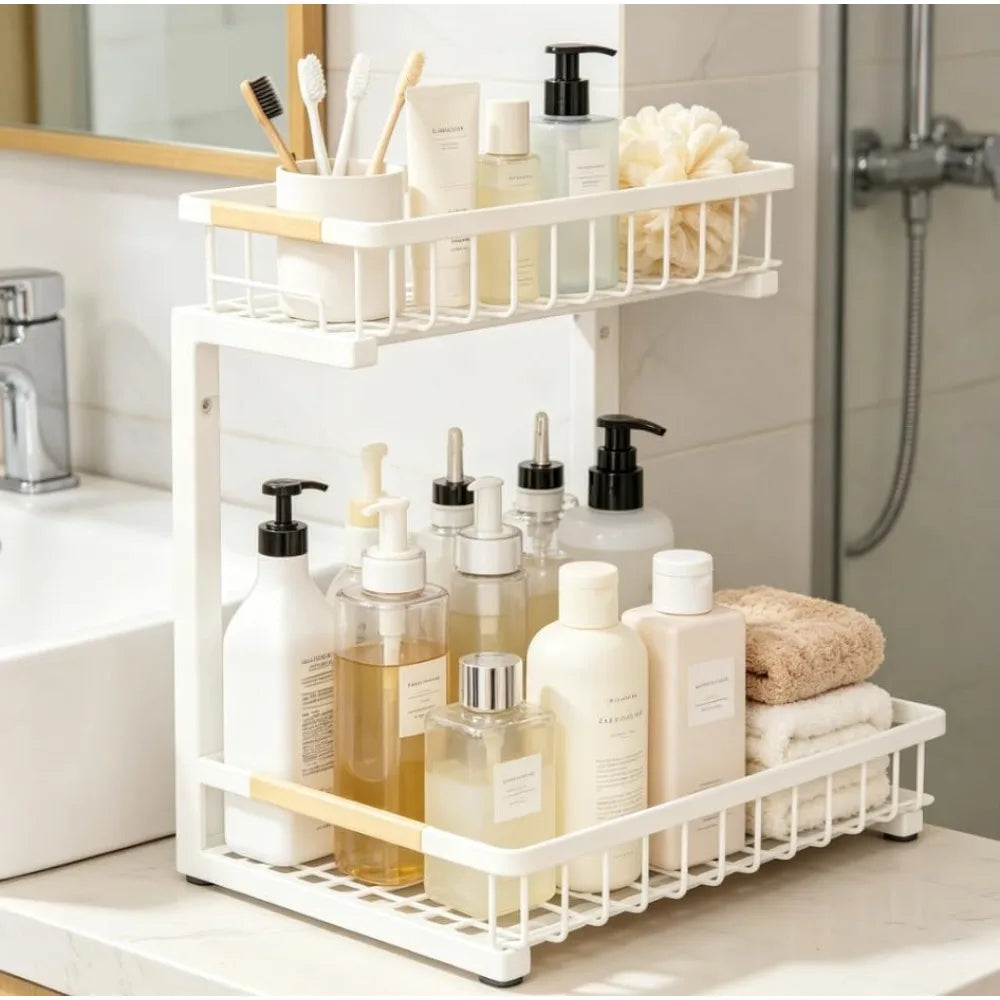 Garvee 2 Tier White/Black Under Sink Organizer Pull Out Sliding Drawer Fixed Metal Storage Rack for Kitchen Bathroom, Cleaning & Spice Organizer