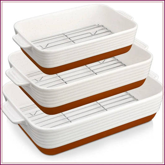 3-Piece Ceramic Casserole Set with Roasting Racks, Oven Safe to 500°F, Khaki White, 10.5-14.5 Inches