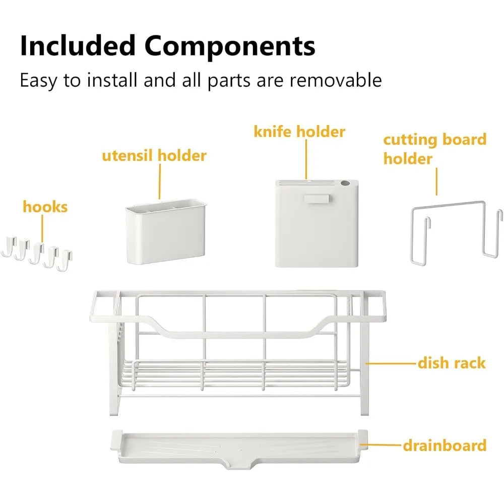 Narrow Auto Drain Dish Rack with Removable Cutlery Basket White