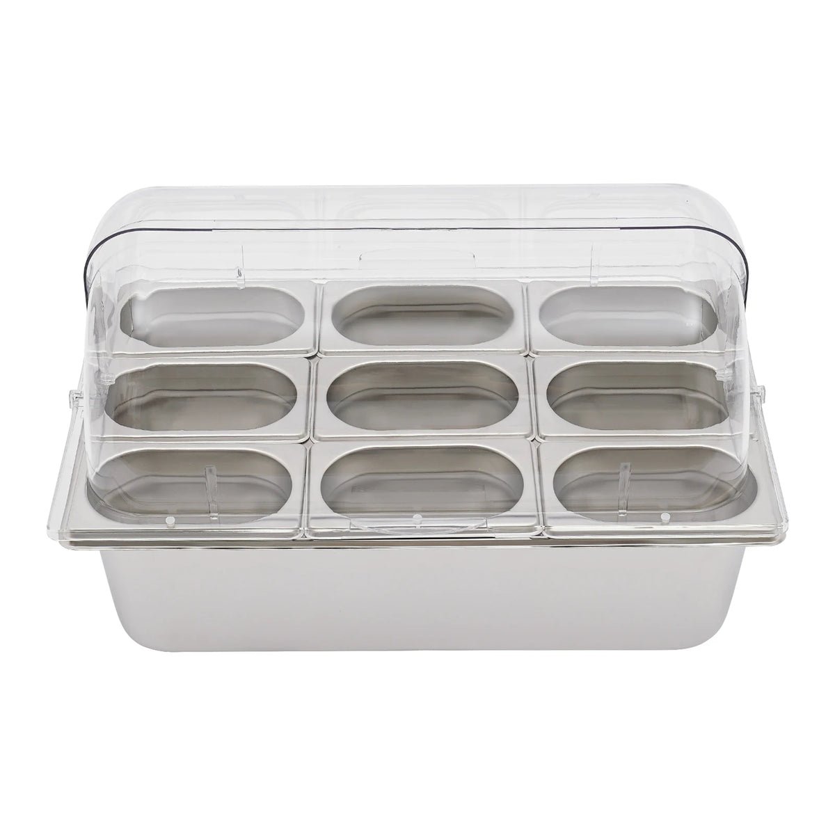 9-Compartment Stainless Steel Fruit Tray with Ice Pack Base, Clear Flip Lid, 21 Inch Buffet Serving Platter for Party Picnic