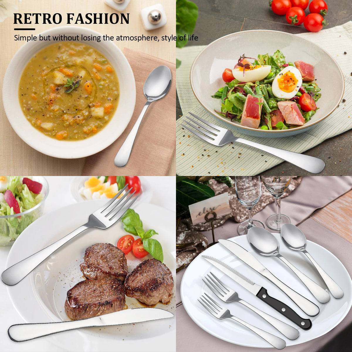KOOMADE 48Pcs Stainless Steel Cutlery Set Steak Knives Included Mirror Polished Flatware Set Dinner Knife Fork Spoon Tableware Kitchen Utensils Dishwasher Safe For Home Restaurant Party