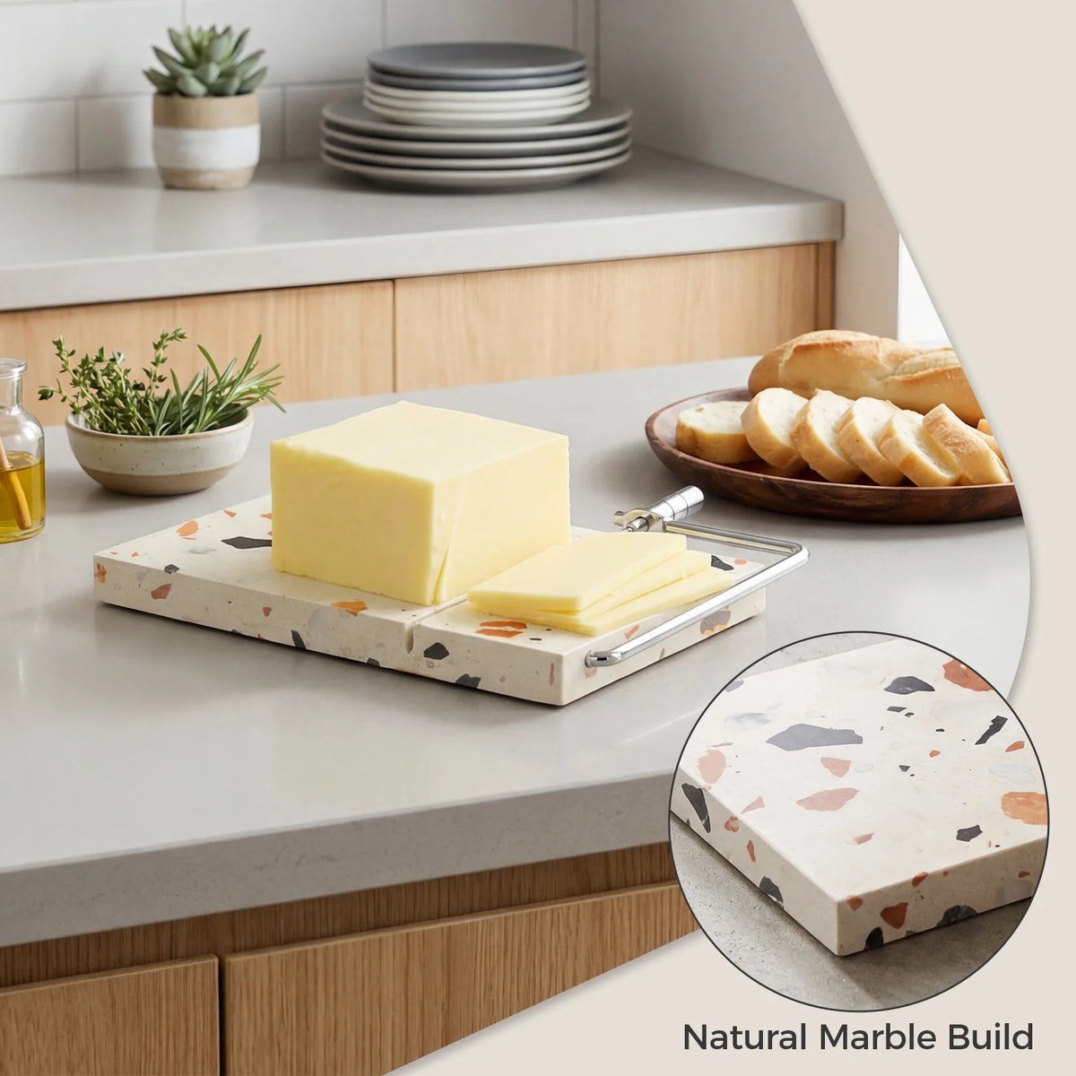 `Cheese Slicer Board, 8.5×7.1 Inch Natural Marble Cheese Cutter with Wire Slicer, Multi-Purpose Food Slicer for Cheese Butter Meat`