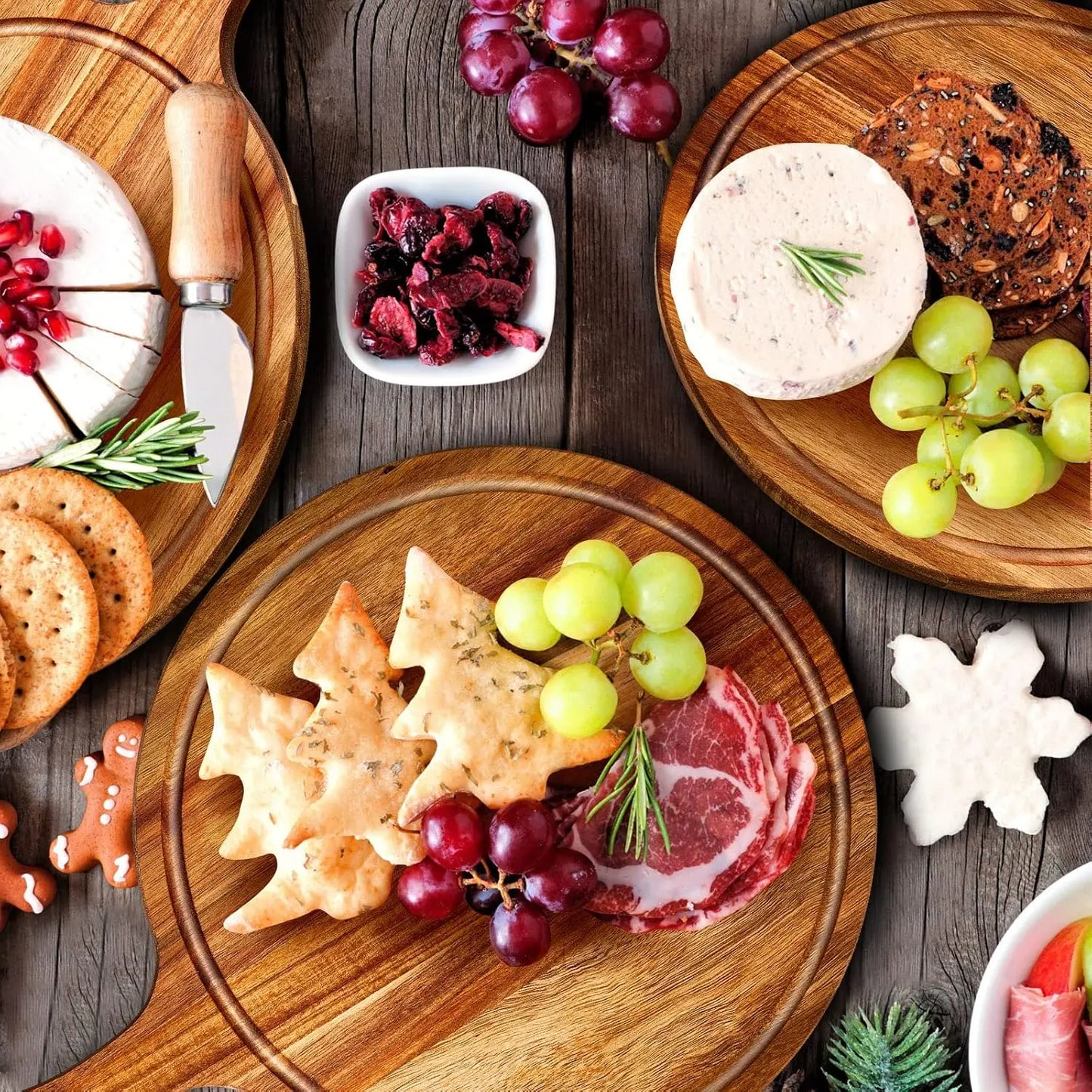 10 Pcs Acacia Wood Cutting Board with Handle - Round Serving Board for Pizza, Bread, Cheese, Charcuterie, Fruit, Vegetables - Kitchen Chopping Board Set