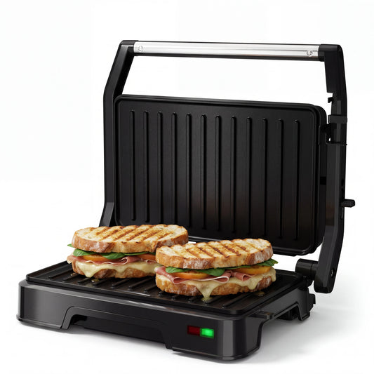 Panini Grill Press - 2-Slice, 180° Opening, Non-Stick Stainless Steel Plates for Versatile Grilling, Toasting, and Cooking, 900W