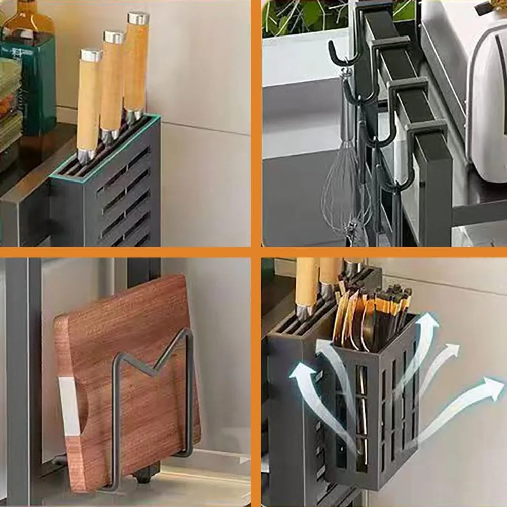 Expandable Microwave Oven Rack Adjustable Length Storage Shelf with Hooks and Holder for Kitchen Counter