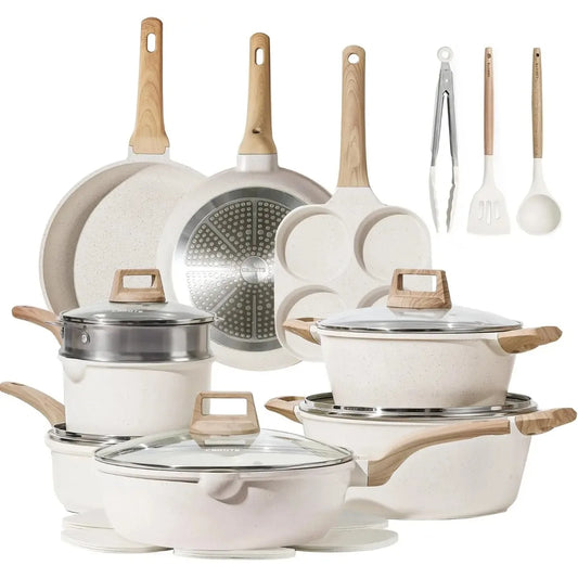 21Pcs White Granite Nonstick Cookware Sets Induction Compatible Pots and Pans with Frying Pans and Saucepans for Home Kitchen