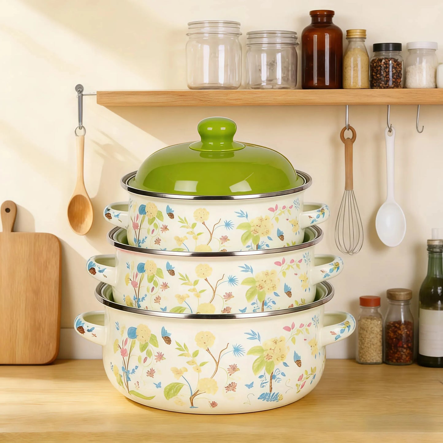 3Pcs Vintage Enamel Stock Pot Set with Lid,34oz/51oz/68oz Retro Flower Cooking Pot, Flat Bottom Stew Pot with Dual Handles for Induction & Gas Stove Kitchen Use