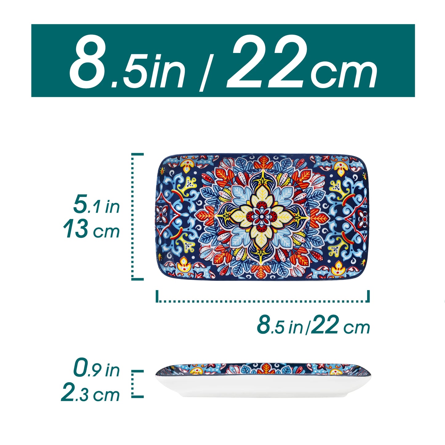 vancasso 6/12 Piece Porcelain Rectangular Serving Plates Bohemian 8.5 Inch Dinner Plates Set for Beef/Food/Noodles/Pasta Serves