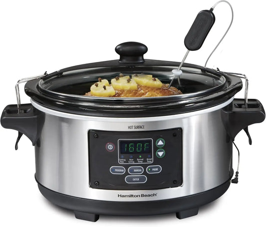 Portable 6 Quart Set & Forget Digital Programmable Slow Cooker with Lid Lock, Temperature Probe