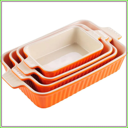 4-Piece Porcelain Baking Pan Set, Rectangular Casserole Dishes for Oven, 9.4" to 14.7", Orange