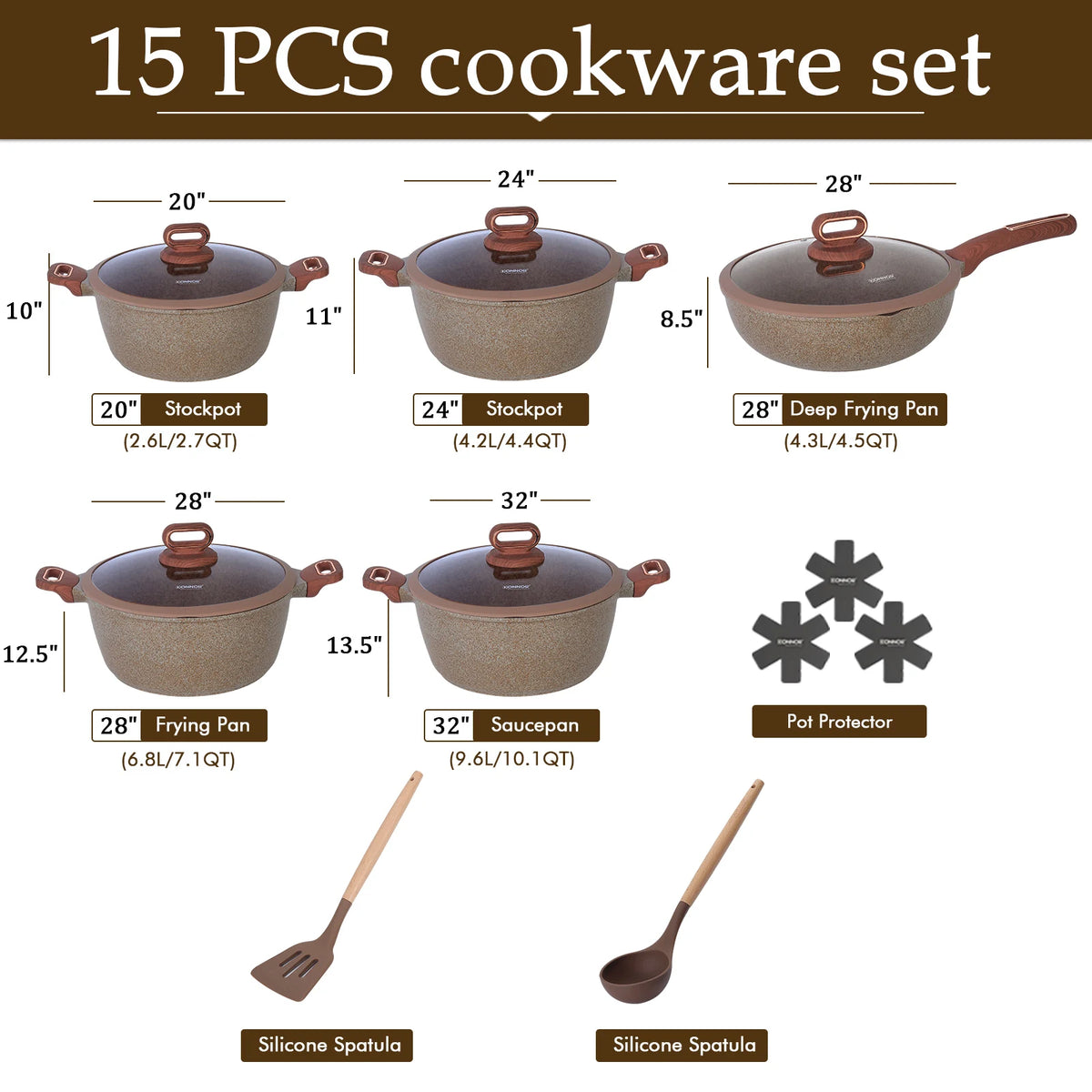 DONNOR Ceramic Cookware Sets Pots and Pans Set Nonstick 15 Pcs Induction Cookware Kitchen Cooking Set with Frying Pans Set