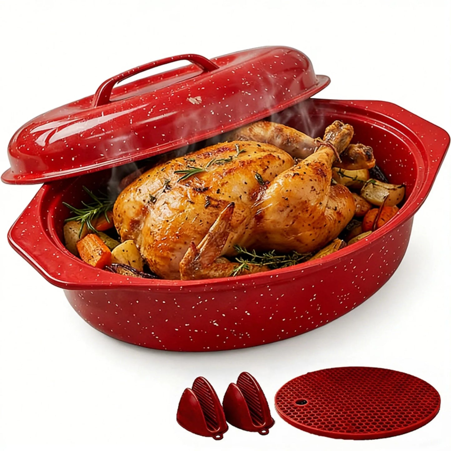 13-Inch Oval Roaster with Lid, Enameled Steel, 7 LB Poultry Capacity, 932°F Heat Resistant, Dishwasher Safe