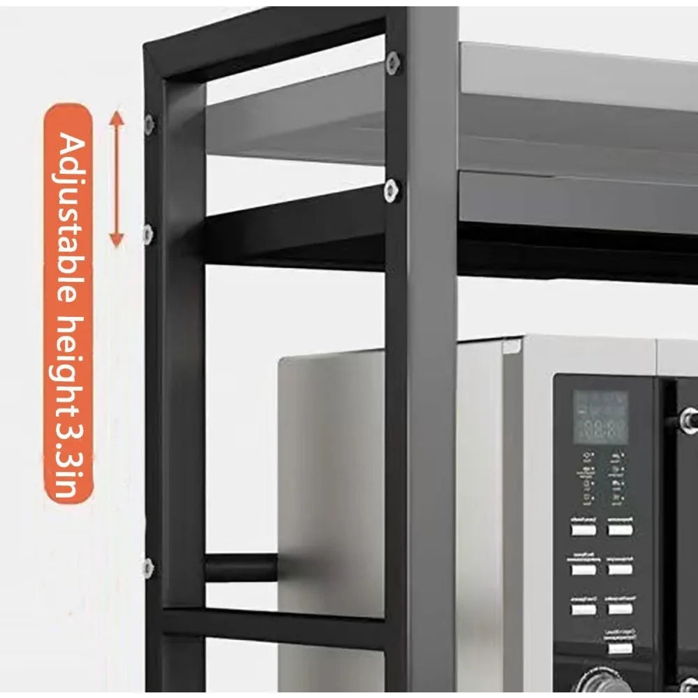Expandable Microwave Oven Rack Adjustable Length Storage Shelf with Hooks and Holder for Kitchen Counter