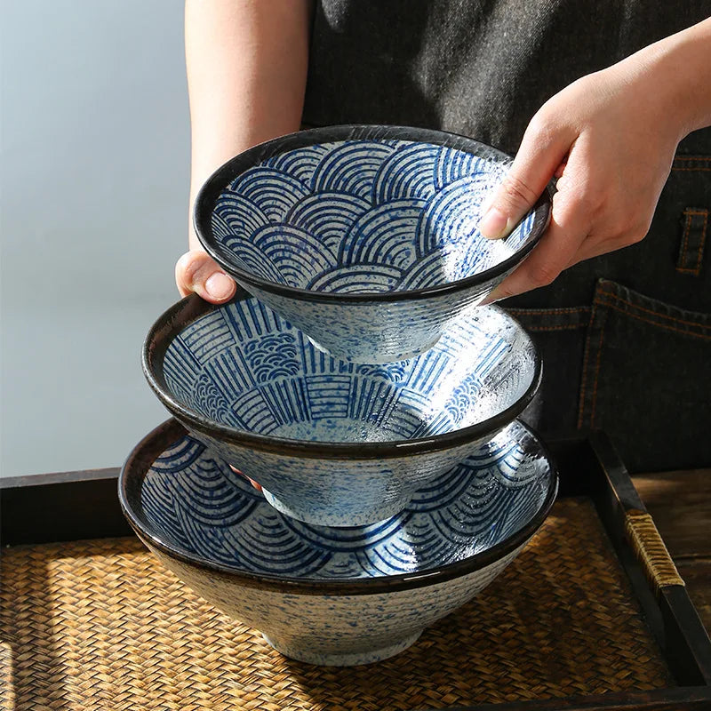 Japanese Ramen Bowl Sea Ripple Ceramic Beef Noodle Soup Bowl