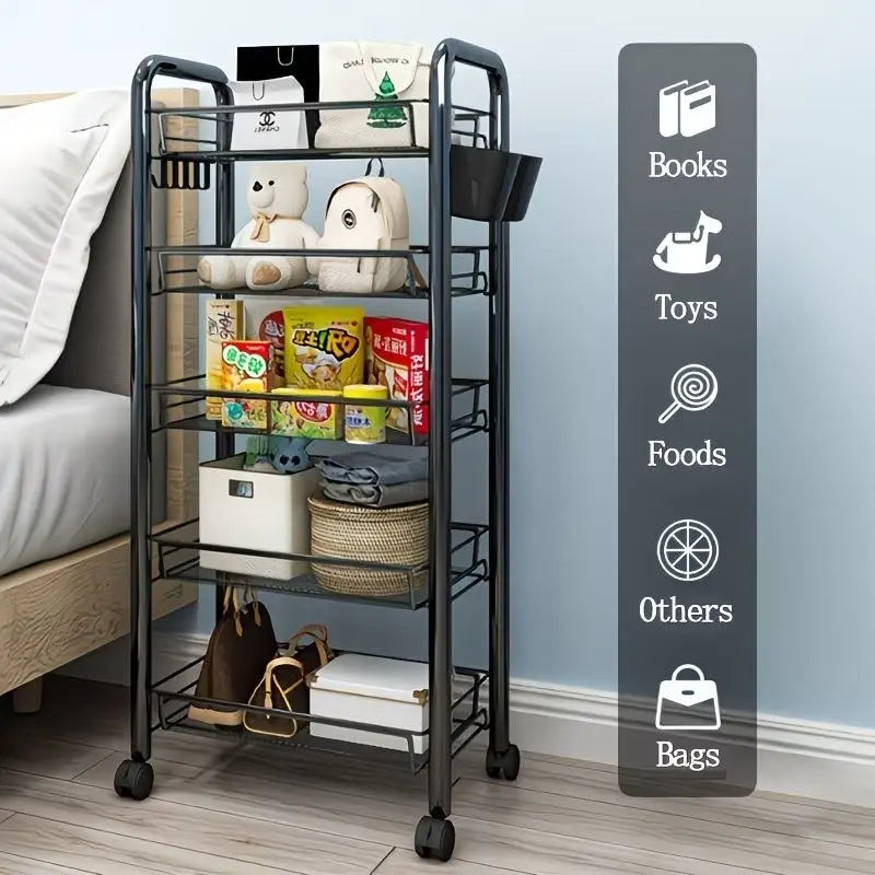 5 Tier Rolling Utility Cart with Wheels, Heavy Duty Metal Storage Organizer Trolley with Hooks and Removable Baskets, Multi-Purp