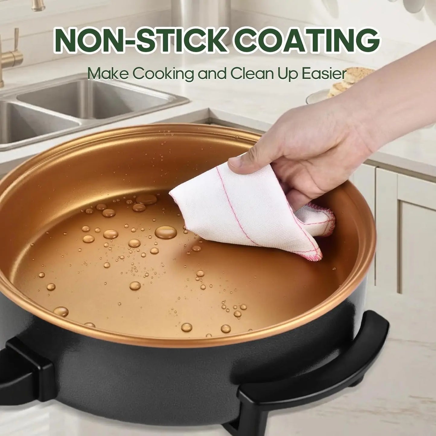 14' Large Electric Skillet with lid, Ceramic Nonstick Coating Electric Frying Pan, 1500W Quick & Even