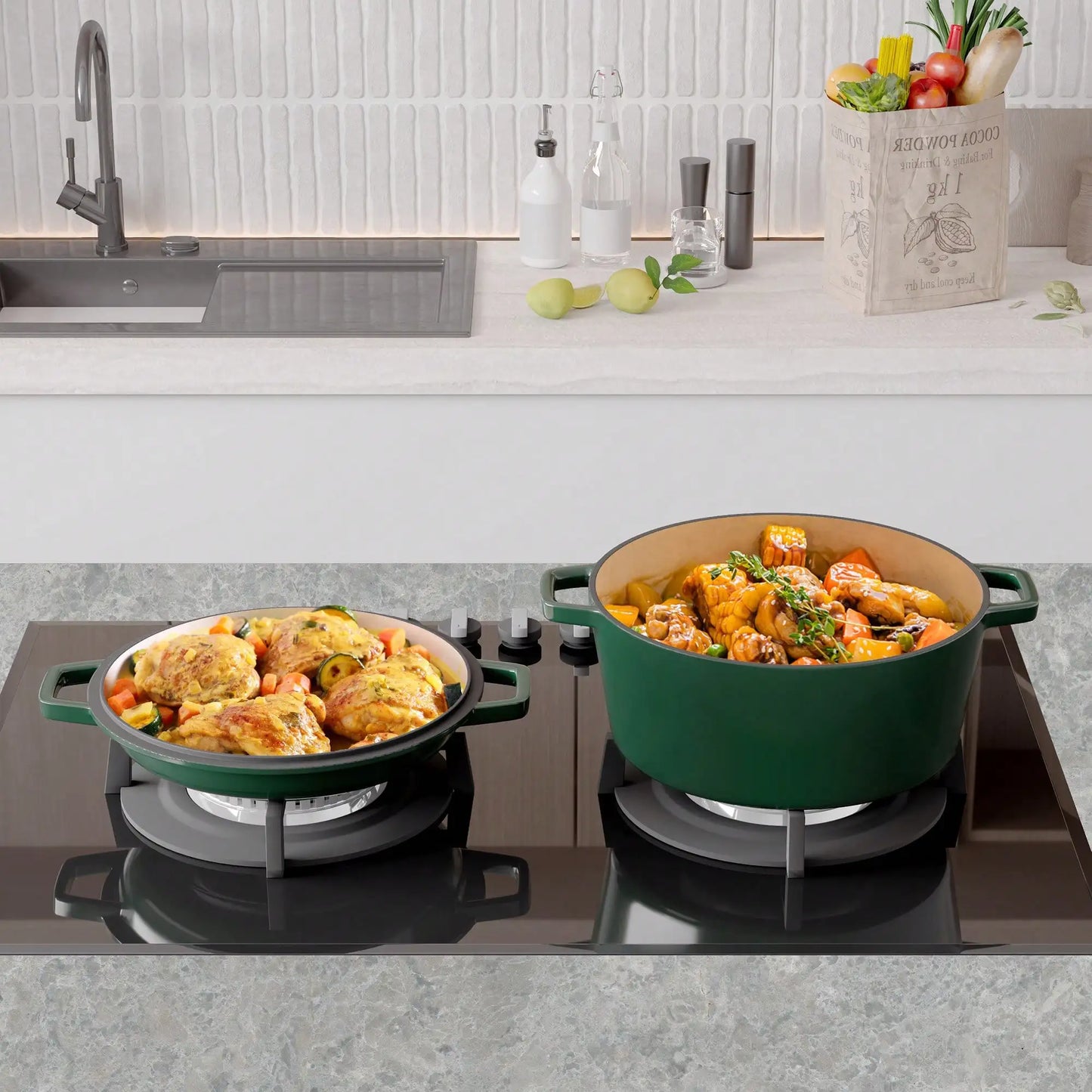 Nalupatio Kerilyn 2-In-1 Enameled Cast Iron Dutch Oven, 6QT Dutch Oven + 2QT Frying Pan Lid, Suitable For Bread Baking, Stewing