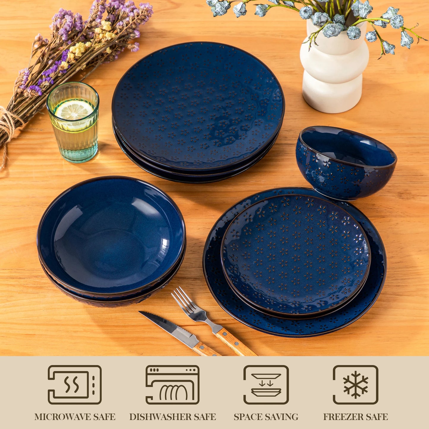 MALACASA LYDIA 16/32 Piece Blue Stoneware Plates Dinner Set Embossment Dinnerware with 6pcs Dinner plate/Dessert/Soup/Bowl