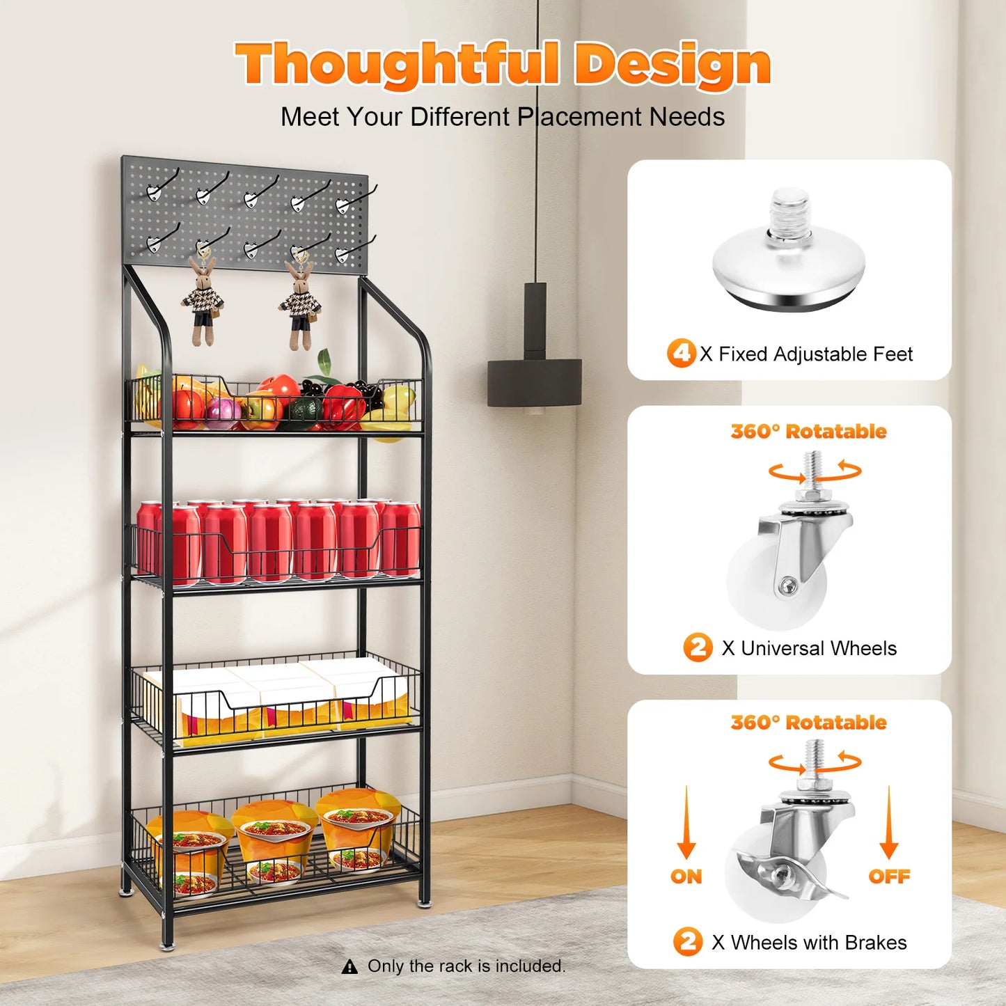 4 Tier Retail Display Rack with Wheel Display Snack Rack Candy Fruit Towel Basket Stand Cart Metal Basket Storage Shelf