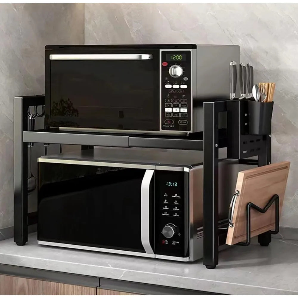Expandable Microwave Oven Rack Adjustable Length Storage Shelf with Hooks and Holder for Kitchen Counter