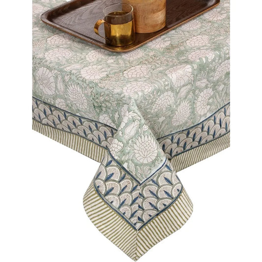 Linen Boho Fall Tablecloth With Handblock Floral Pattern For Kitchen