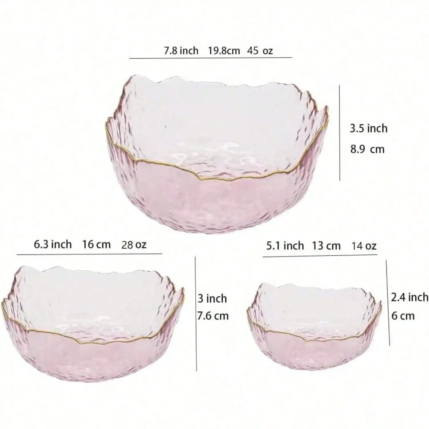 3-Pack Glass Bowls For Kitchen Prep, Nesting Space Saving Set Of Bowls, Pink Crystal Bowl Set, Irregular Shape Glass Bowl For Salad,Ice Cream, Cereal,Dessert, Freezer (Light Pink)