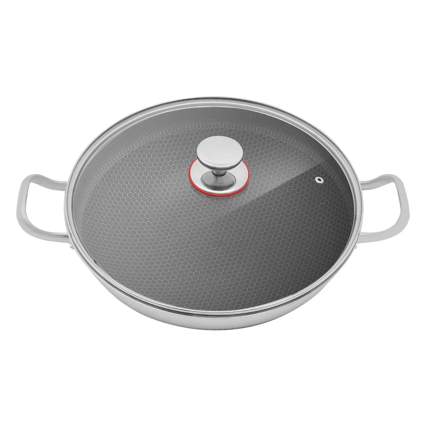 410 Stainless Steel Skillet with Lid, Stainless Steel Frying Pan,14 Inch Non Stick Paella Pan with Practical Handles Vapor Hole for Frying, Sauteing, Deep-frying