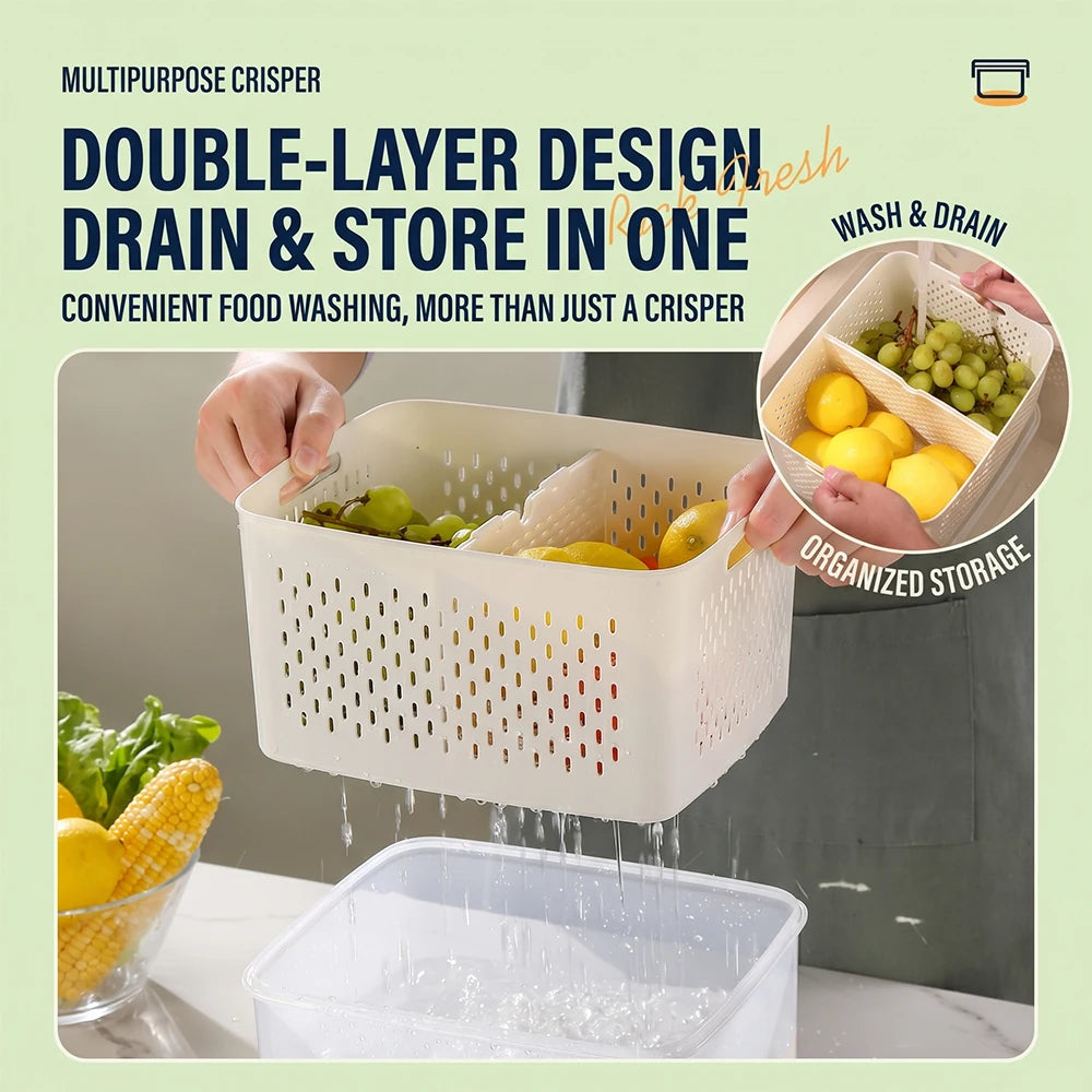 4 Pack Double Layer Fridge Storage Organizer Box PP Leakproof Food Container with Drain Basket Portable Handle Divider Clear Vegetable Fruit Fresh Keeper Refrigerator Organizer Bins