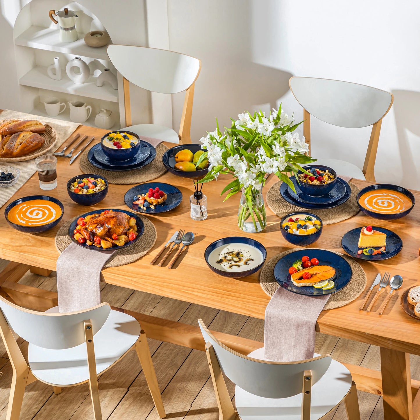 MALACASA LYDIA 16/32 Piece Blue Stoneware Plates Dinner Set Embossment Dinnerware with 6pcs Dinner plate/Dessert/Soup/Bowl